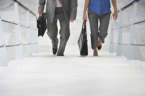 Two people walking up stairs, holding briefcases.