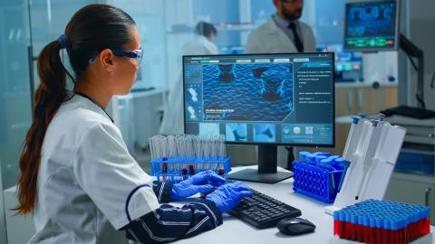 Laboratory technician entering data, while reviewing information on a monitor.